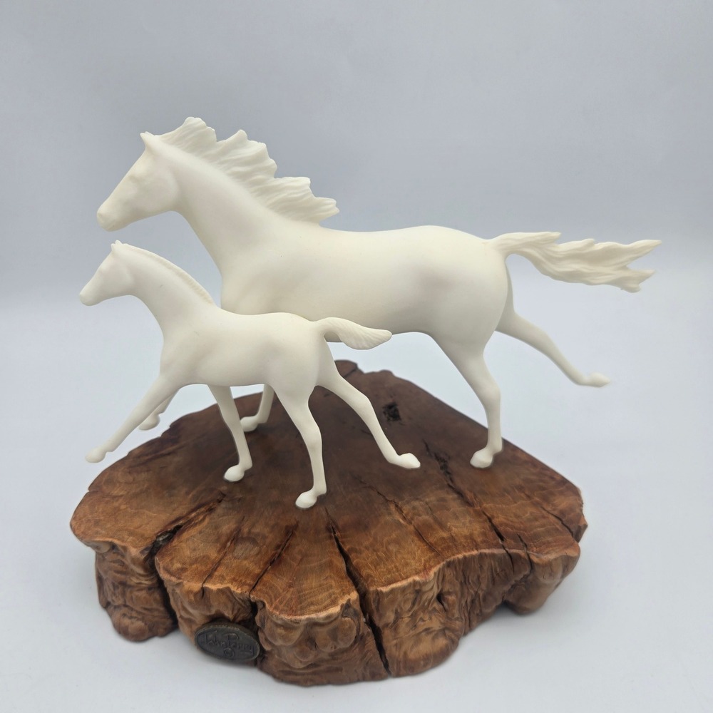 John Perry Running Horses Sculpture on Burl Wood Base White Mare & Foal Figurine